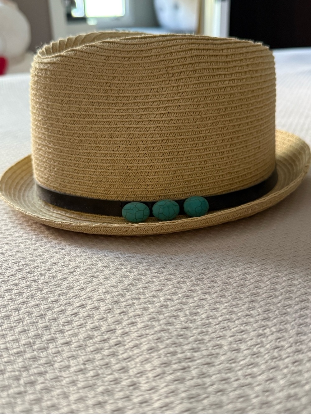 Stylish Straw Fedora Hat with Turquoise Accents - Beige